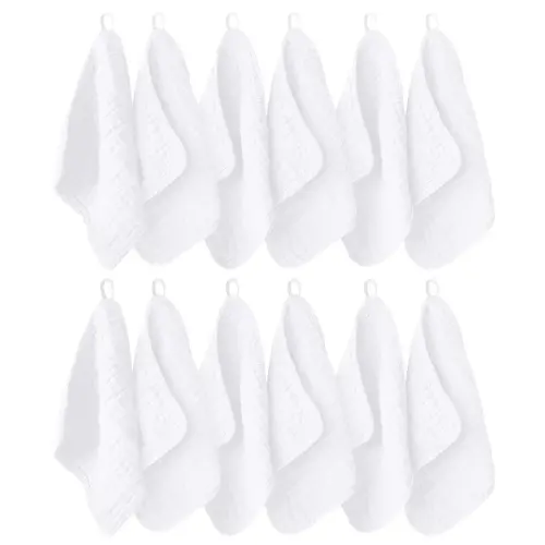12 Pack Muslin Washcloths for Baby - 100% Cotton Baby Wash Cloths for or Baby Face Body Comfy and Soft for Newborn Infants Kids Girls and Boys - 12"x12" - White