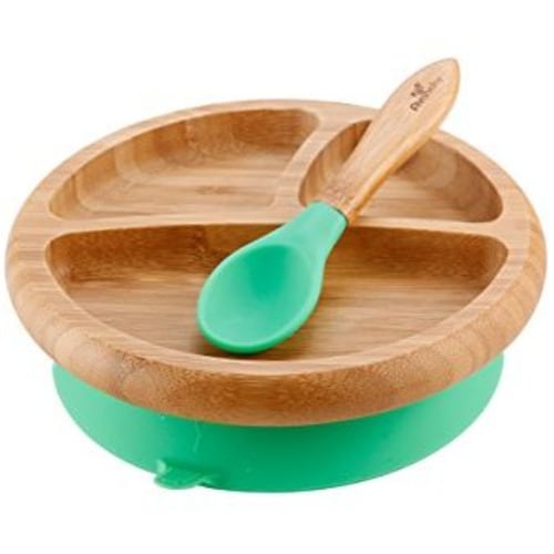 Avanchy - Baby Feeding Plate and Spoon Set, Divided Bamboo Plate with Spill Proof, Stay Put Suction Ring, 7” × 2” Plate Size - Green