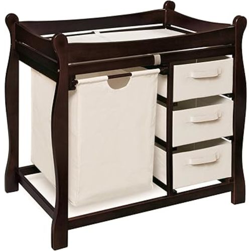 Badger Basket Sleigh Style Baby Changing Table with Laundry Hamper and 3 Storage Drawers - Espresso