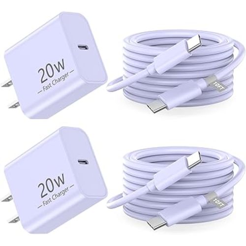 20W USB C Wall Charger Fast Charging Compatible for iPhone 16/16 Plus/16 Pro/16 Pro Max/15/15 Pro/15 Pro Max/15 Plus, 2 Pack iPhone 16 15 Charger Block with 10FT Type C Charging Cable, Purple
