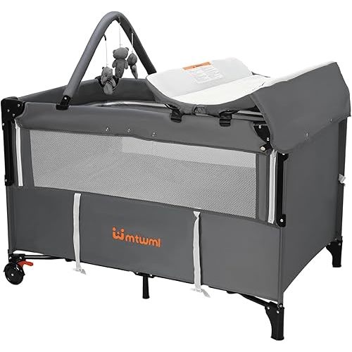 MTWML Portable Baby Bassinet,3 in1 Bedside Crib and Baby Playard & Changing Table with Wheel,1-Second Setup Foldable Playpen with Travel Bag Mosquito Net for Newborn Toddler (DeepGrey)