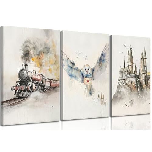 3pcs Magic Nursery Canvas wall art Express train Snowy owl Magic castle Painting Wall Decor Neutral watercolor Poster Print Artwork for Kid Baby Nursery Home Decoration