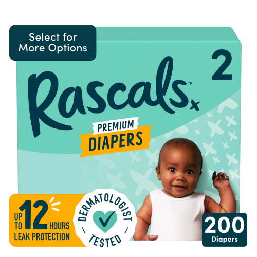 Rascal + Friends Premium Size 2 Diapers, 200 Count, Leak-Proof, Dermatologically Certified, Chlorine and Fragrance-Free