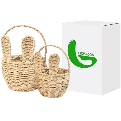 Small Wicker Bunny Basket for Baby - 2pcs Cute Easter Basket 7" x 5" Mini Bunny Basket with Ears for Organizing Flowers Candy Easter Egg Woven Storage Bins Decorative Gift Baskets Halloween Christmas