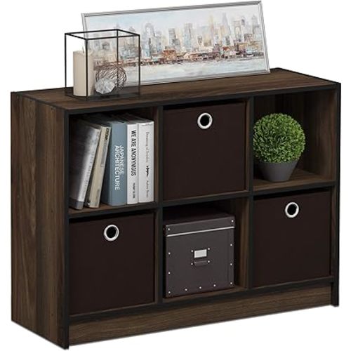Furinno Basic 3x2 Cube Storage Bookcase Organizer with Bins, Columbia Walnut/Dark Brown