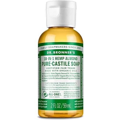 Dr. Bronner's - Pure-Castile Liquid Soap (Almond, Travel Size, 2 ounce) - Made with Organic Oils, 18-in-1 Uses: Face, Body, Hair, Laundry, Pets and Dishes, Concentrated, Vegan, Non-GMO