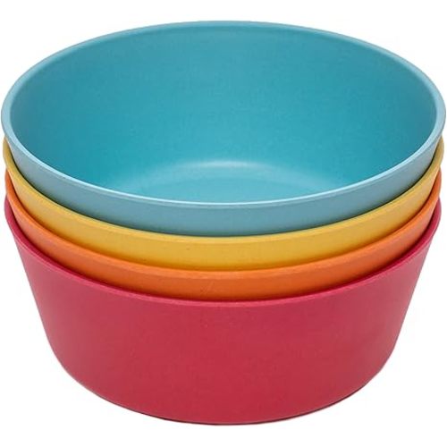 WeeSprout Bamboo Kids Bowls, Set of Four 10 oz Kid-Sized Dinnerware, Cereal, Leftovers & Snack Bowl, Dishwasher Safe (Blue, Yellow, Orange, & Red, 10 Oz)