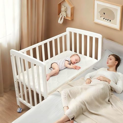 Flwrgirl Baby Bassinets Bedside Sleeper - Portable Pine Wood Bedside Bassinet with Mattress,5 Heights Small Mini Crib,Baby Crib for Newborns,White