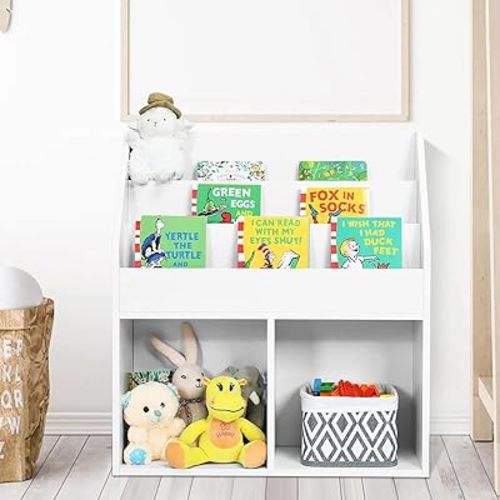 Costzon Kids Bookshelf, Wooden Toy Storage Cabinet Organizer w/Shelves, 2 Large Cubes & Anti-Tipping Devices, Children Bookcase Display Sling Book Rack for Kids Room, Nursery, Kindergarten (White)