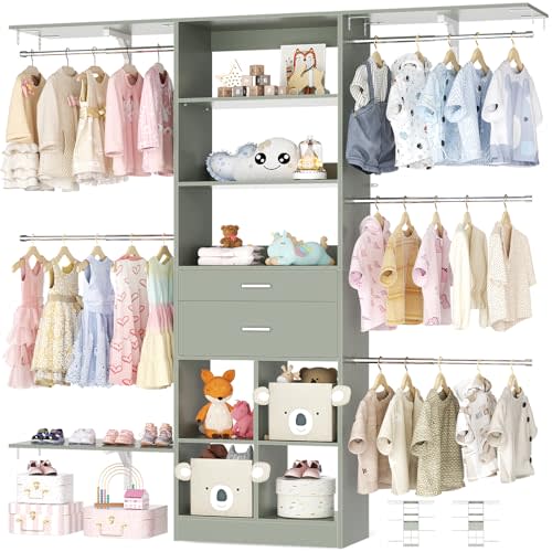 5FT Small Closet System, Baby Closet Organizer System with Wooden Drawers, 60 Inches Walk in Closet System with 5 Hanging Rods and 3 Reversible Hanging Shelving, Crab Green