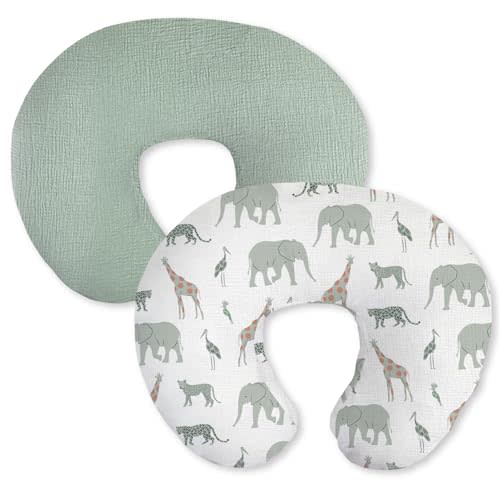 Little Grape Land Muslin Nursing Pillow Covers 2 Pack, 100% Cotton Removable Breastfeeding Pillow Covers, Feeding Pillow Slipcovers for Baby Boys & Girls, (Safari & Green)