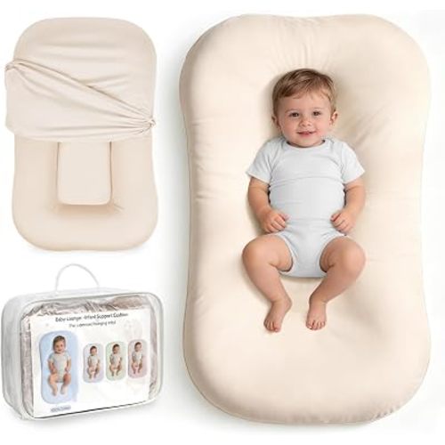 Infant Support Cushion, Baby Support Cushion for Newborn 0-24 Months, Portable Tummy Time Mat with Soft Cotton Cover for Home, Travel, Essential Baby Gift (Cream)