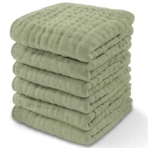 Baby Washcloths Set, Muslin Cotton Baby Towels, Large 10”x10” Wash Cloths Soft on Sensitive Skin, Absorbent for Boys & Girls, Newborn Baby & Toddlers Essentials Shower Registry Gift (Sage, Pack of 6) - 6-Pack 10"X10"