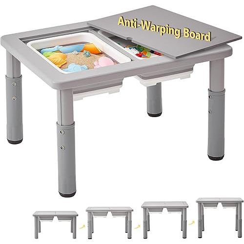 FUNLIO Wooden Sensory Table with 2 Bins for Toddlers 1-5, 4-Level Height Adjustable Kids Sensory Table with Anti-Warping Plywood Lid, Indoor/Outdoor Play Sand and Water Table, CPC Certified, Grey