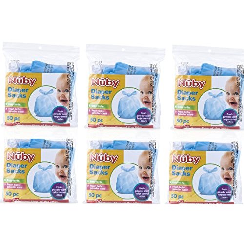 Nuby Diaper Disposal Bags for Baby - (6-Pack) 50 Count Disposable Bags - Fresh Baby Powder Scent - Blue