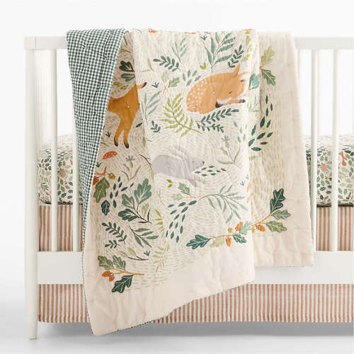 Forest Friends Embroidered Organic Cotton Baby Crib Quilt