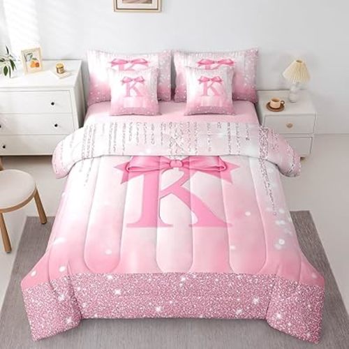 Feelyou Kids Pink Bowknot 7 Pieces Bedding Set Full Size, Personalized Initial K Bed in A Bag Princess Glitter Comforter Set with Sheets Boys Girls Bow Alphabet Teens Bed Set Bedroom Decor 7Pcs
