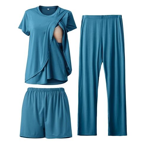 Rnxrbb 3 Piece Postpartum Nursing Pajamas Set Casual Soft Maternity Breastfeeding Pjs Sleepwear Loungewear Clothes Layer