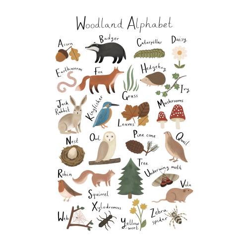 Woodland Alphabet print in white, alphabet poster, abc print, nursery art, perfect baby gift or nursery decor