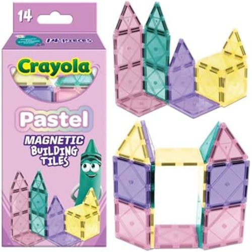 CreateOn Crayola Magnetic Tiles, Building Set for Kids, Magnetic Building Toys for Kids, STEM Travel Toys for Boys and Girls Ages 3+, 14-Piece Set (Pastel)