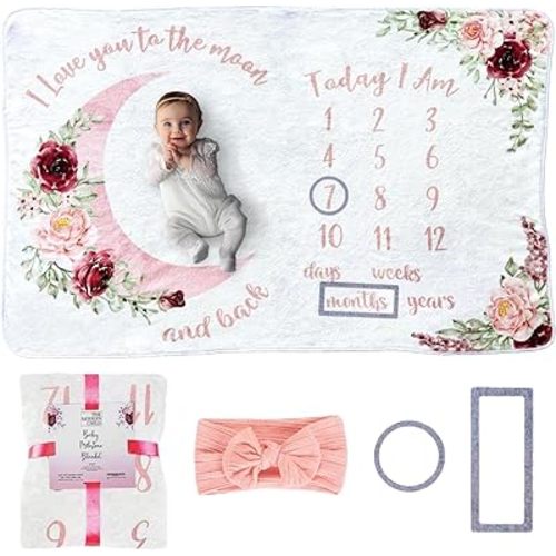Baby Milestone Blanket - Monthly Milestone Blanket for Baby Girl - Custom Soft Fleece Photography Background - Personalized Newborn Growth Chart -Premium Floral Moon 60" X 40"