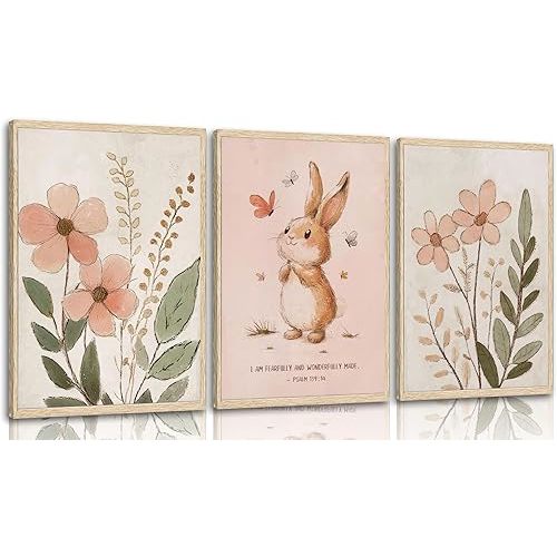 3Pcs Nursery Bunny Wall Art Christian Scripture Canvas Painting Cute Pink Bunny Botanical Flowers Wall Decor Nursery Posters for Kids Room, Unframed(16"x12")