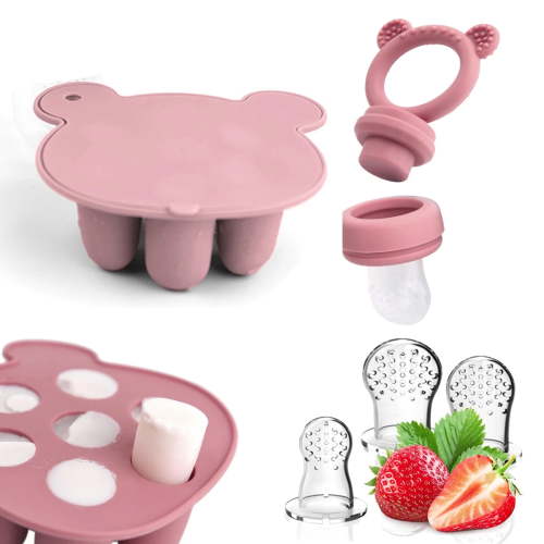 Silicone Baby Fruit Food Feeder, Breastmilk Popsicle Molds, Silicone Teething Toys, Infant Self Feeding, BPA Free,Pink
