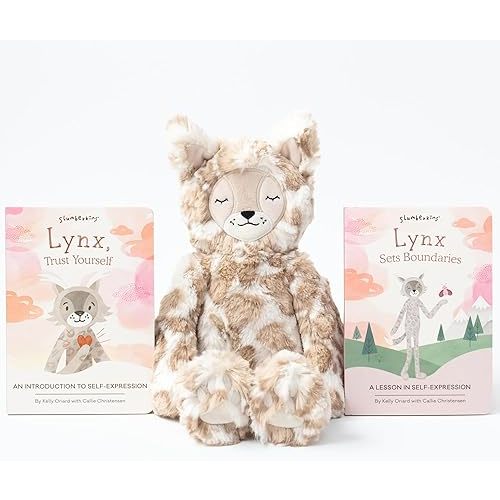 Slumberkins 14" Lynx Kin & 2 Board Books Complete Set Bundle | Promotes Self-Expression, Mindfulness & Boundaries | Social Emotional Development | Gift Set (Lynx Kin Plush + 2 Board Books)