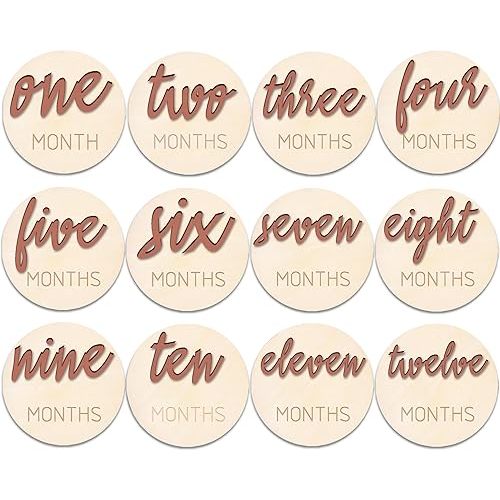 Baby Monthly Milestone， Baby Monthly Milestone Card Sign，6 Pack 3D Pink Monthly Milestone Wooden Makers disc for Baby Girl or boy， Baby Announcement Sign
