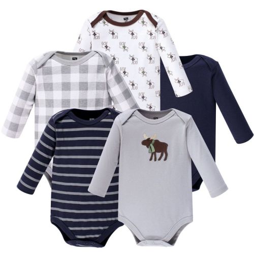 Hudson Baby Infant Boy Cotton Long-Sleeve Bodysuits 5pk, Gray Moose