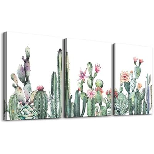Canvas Wall Art For Living Room Family Wall Decor For Bedroom Kitchen Wall Art Pictures Artwork Prints Green Succulent Cactus Wall Painting Modern Framed Bathroom Home Decorations 12" X 16"3 Piece