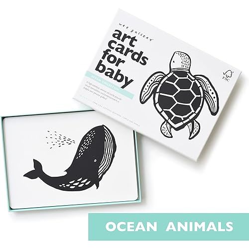 Wee Gallery Art Cards for Baby, Durable High Contrast Black and White Animal Flashcards for Newborns, Brain Development, Sensory Toys, Tummy Time Essentials for Infant and Toddler - Ocean Animals