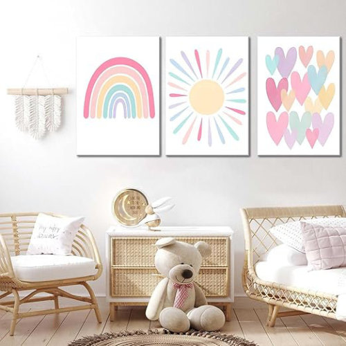 George Oliver 3Pcs Pink Nursery Canvas Wall Art Rainbow Poster Kids Bedroom Baby Girls Toddler Pastel Wall Decor Prints Sun Boho Pink Sunshine Painting For Classroom School Nursery Decoration 12X16in | Wayfair