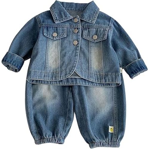 Collared Pocket Top and Long Pants Denim Set for Baby