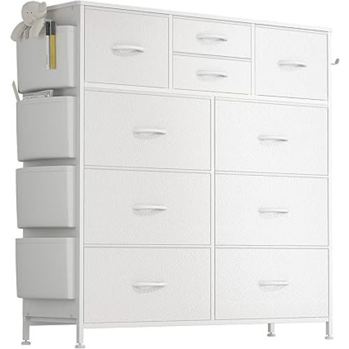 Lulive White Dresser for Bedroom with 10 Drawers, Chest of Drawers with Side Pockets and Hooks, PU Storage Dresser, Organizer Unit for Living Room, Hallway, Closet (White)