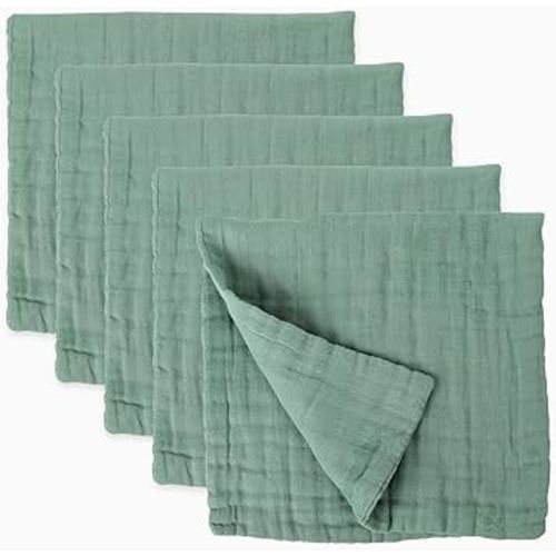5 Pcs Muslin Baby Burp Cloths, Large 20"x10" Cotton Burping Cloth Extra Soft and Absorbent Baby Burp Rags for Newborn Unisex Baby Girls and Boys (Green)
