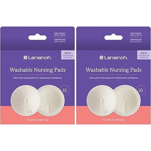 Lansinoh Washable Nursing Pads, Made with Organic Bamboo Viscose, Reusable Breast Pads for Breastfeeding with Wash Bag, Breastfeeding Essentials, 10 Count (Pack of 2)