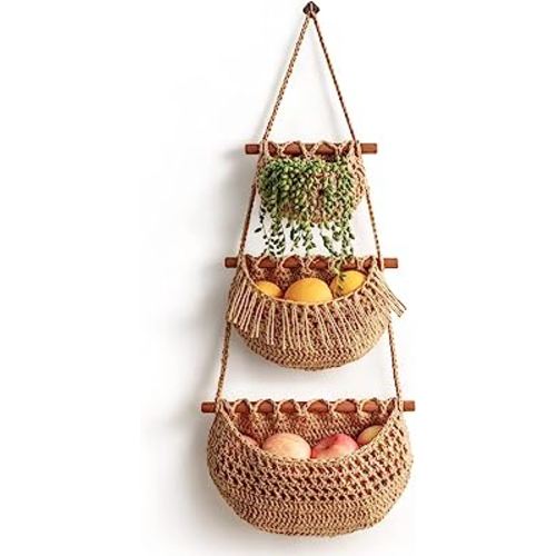 Kitchen Science Hanging Fruit Baskets for Kitchen, 3-Tier Woven Wicker Seagrass Baskets | 100% Natural, Robust Wood Frame & Braided Jute Rope