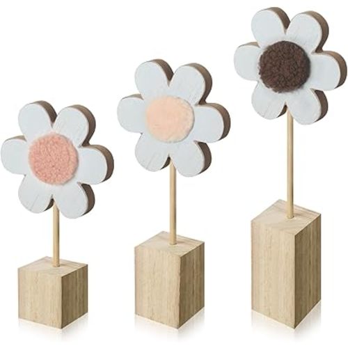 Suzile 3 Pcs Boho Nursery Shelf Decor Flower Wooden Table Sign Daisy Standing Table Centerpiece for Home Nursery Bedroom Girl Boy Baby Shower Decoration Gift