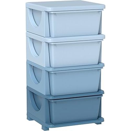 Qaba 4 Tier Kids Storage Unit, Toy Organizers and Storage with 4 Drawer Chest for Kids Bedroom Nursery Kindergarten Living Room for Boys Girls Toddlers, Blue