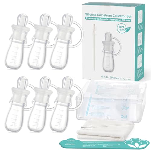 Kencpet Colostrum Collector Kit 5ml-6pcs, Ready-to-Use Pack, Reusable Breast Milk Collector Multi-Use Colostrum Container with Storage Case, Cotton Wipe & Cleaning Brush, BPA Free