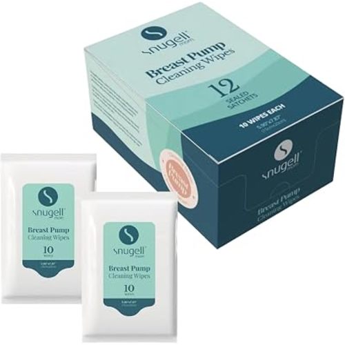 Snugell Breast Pump Wipes, 120 Count (12 Individually Wrapped Packs) - No-Rinse, Hypoallergenic, Unscented Cleaning Wipes - Safe for Pump Parts, Bottles, Pacifiers and Accessories - Travel Friendly