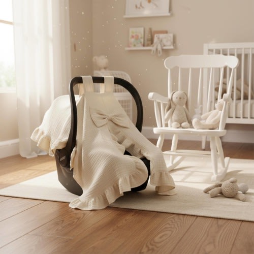 Personalized Muslin Car Seat Canopy Cover with Name for Baby Girl or Boy, Soft 4-Layer Cotton, Ruffle Trim, Stroller Blanket Gifts