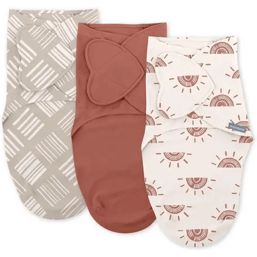 SwaddleMe by Ingenuity Monogram Collection Baby Swaddle, 100% Cotton, Improves Sleep & Calms Startle Reflex, 0-3 Months, Pocket Fold Design for Easy Changes, 1.0 TOG, 3-Pack - Rising Sun