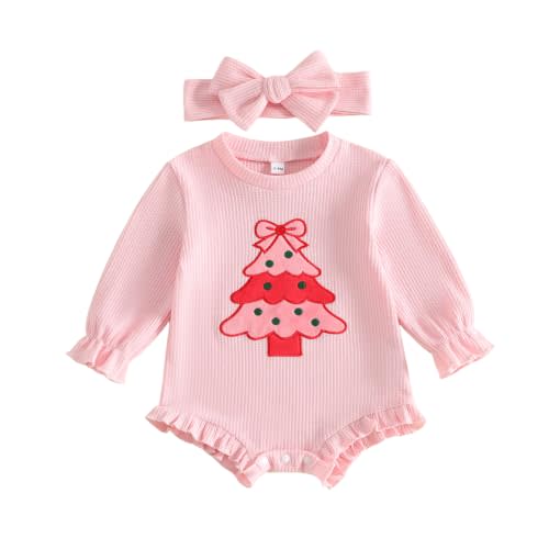 Newborn Baby Girl Christmas Outfit Xmas Tree Romper Headband 0-18M | My First Christmas Baby Girl Outfit, Ruffle Waffle Knit Christmas Tree Embroidery Onesie, Perfect Xmas Photo & Holiday Gift