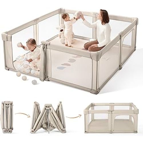 Sweeby Baby Playpen, 59x59 Inch Gate Foldable for Babies and Toddlers, Extra Large with Door Play Yard for Fence Indoor and Outdoor, Light Khaki