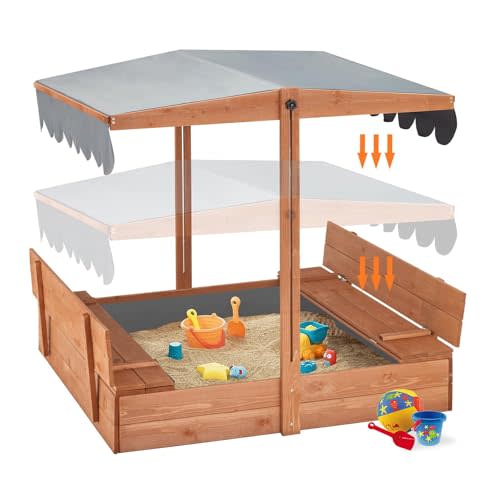 YOLENY Sandbox with Lid,Kids Sandbox with Cover Outdoor,Wooden Sand Box with 2 Foldable Bench Seats,Adjustable UV-Resistant Roof & Bottom Liner,Sand Box for Kids Ages 2-8, Perfect for Backyard,Beach