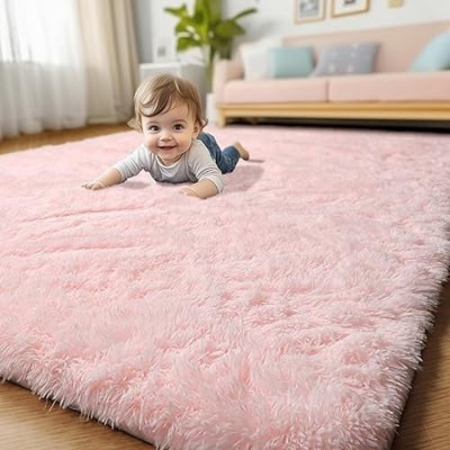 Pink Washable Area Rugs 3x5 for Bedroom Girls, Fluffy Plush Bedside Rug for Preppy Dorm, Kids Room Decor Aesthetic, Cute Indoor Floor Carpet, Fuzzy Shaggy Throw Rug for Living Room, Baby Nursery
