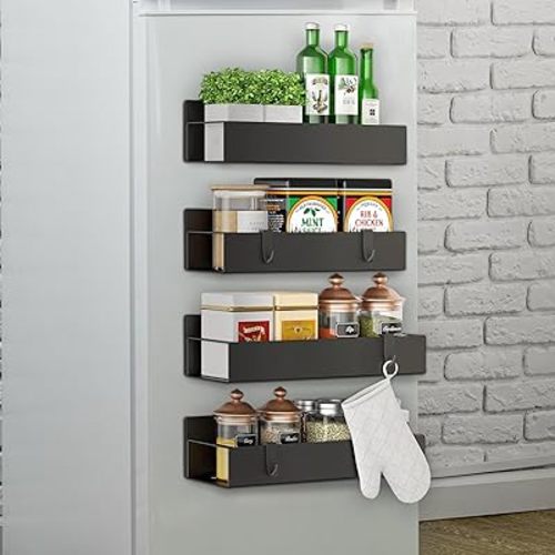 Magnetic Shelf kit, Magnetic Shelf Organizers to Keep Products Order and Save Space in The Most Practical Areas of Home, 4 Black Metal Shelf Magnetic Set. Includes a Carrot-Shaped Bag Sealer as a Gift