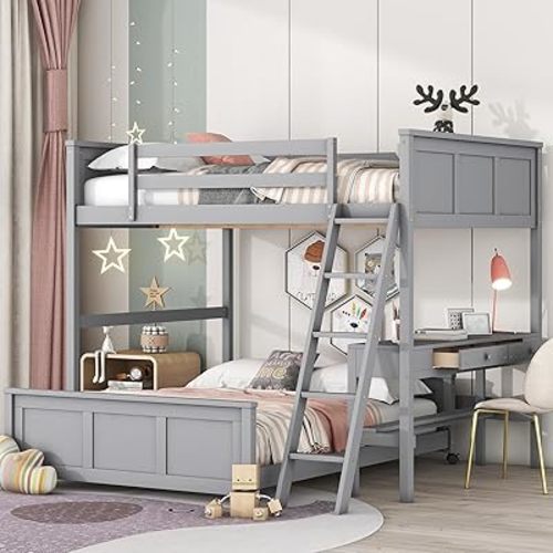 Full Over Full Bunk Bed with Desk and Storage Drawers, Solid Wood Loft Bunk Bed Frame for Kids Teens Adults (Gray)
